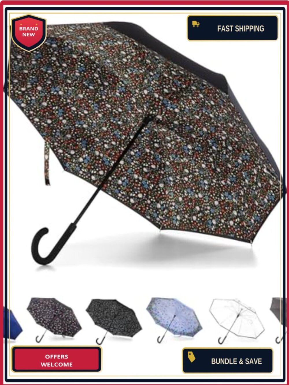Totes Auto Reverse Close Windproof Stick Umbrella with Water Repellent